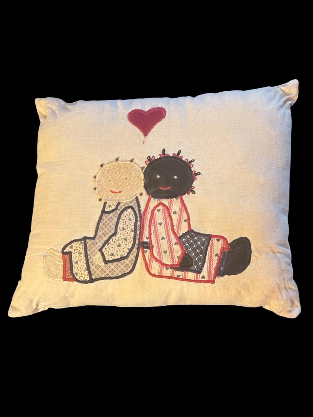Handmade Primitive Cream Appliqué Love Doll Accent Pillow- Best Friends